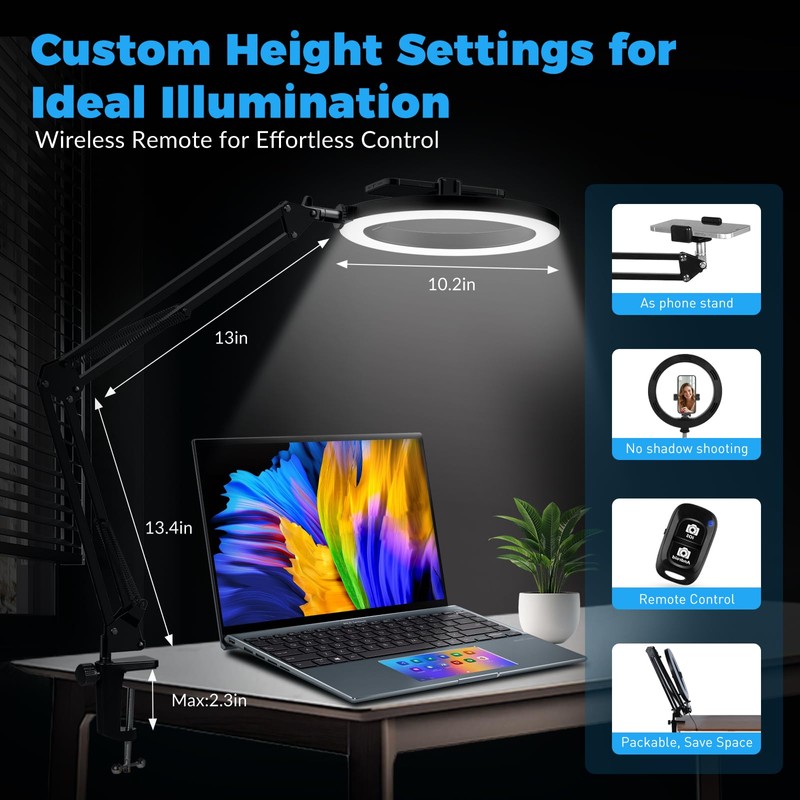 Bialeire 10" Overhead Ring Light with Phone Mount, Upgraded 360°