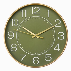 HZDHCLH 25 cm Modern Quartz Silent Wall Clock Arabic Numeral Sweeping Second No Ticking for Decoration Living Room, Kitchen, Office, Bedroom (Golden Green)