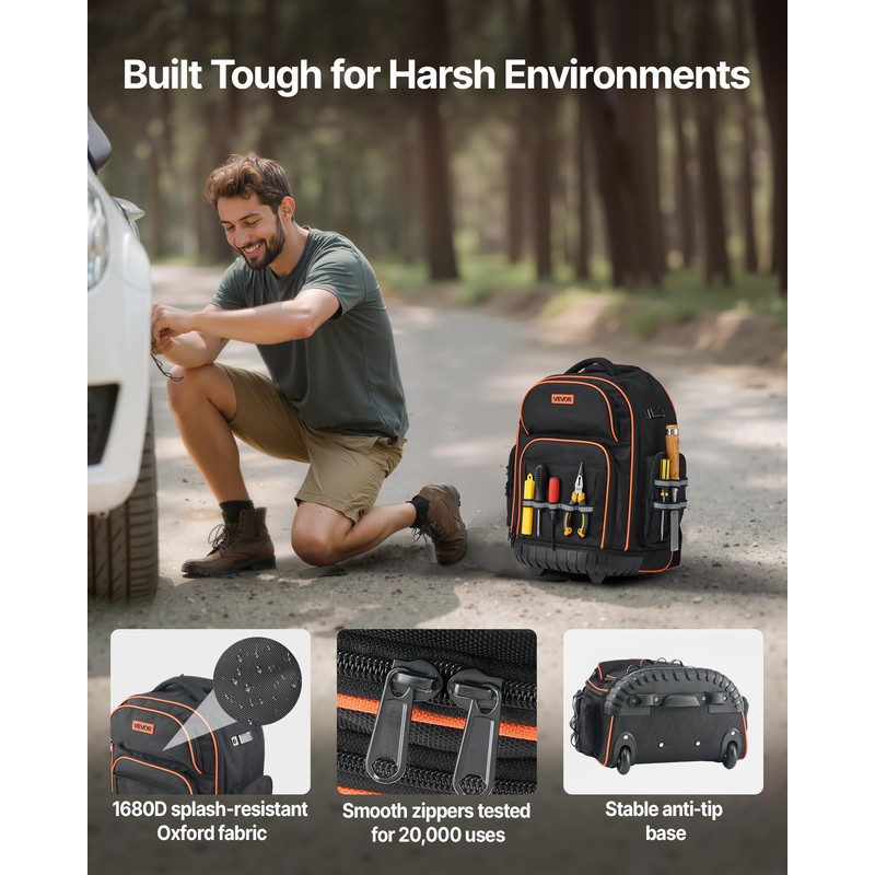 VEVOR Rolling Tool Backpack, 110 lbs Load Capacity, 45 Pockets
