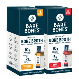 Bare Bones Bone Broth Instant Powdered Mix, Variety Pack, 8 Chicken and 8 Beef, 15g Sticks, 10g Protein, Keto & Paleo Friendly Bone Broth Packets, 16 Total Servings