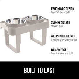 Gorilla Grip Elevated Dog Bowls Feeder, Adjustable Ergonomic Raised Bowl Stand for Cat Food and Water, Stainless Steel Rust Resistant Dishwasher Safe, Feeding Station Supplies for Dogs and Cats, Beige