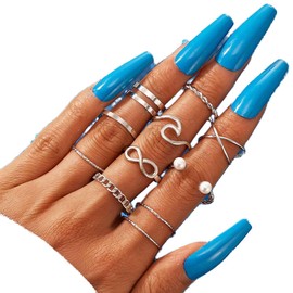 Prosy Boho Crystal Crescent Moon Wave Knuckle Rings Set Silver Lucky 8 Finger Joint Stackable Ring for Women and Girls (Silver 1)