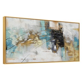 Large 100% Handmade Abstract Oil Painting with Frame Modern Original Hand Painted Heavy Textured Wall Painting Blue Gold Grey Canvas Wall Art Wall Decor for Living Room Bedroom Office Hang 24x48 inch