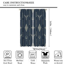 JADERYS Western Blackout Curtains Bull Skull Boho Aesthetic Aztec Navy Blue Abstract Art Bedroom Living Room Kitchen Rod Pocket Decoration Window Drapes 2 Panels W21xL63in