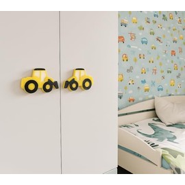 (2-Pack) Construction Roadworks Site Themed Yellow Digger Children's Door knobs - Pull Handles for Wardrobe & Cupboards -Nursery Playroom Bedroom Decor (Large 6 cm x 9 cm)