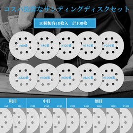 Atutomo Sander Paper, Set of 100, 4.9 inches (125 mm), Round 8 Holes, White Sandpaper, Magic Type Sandpaper (60#80#120#180#240#320#400#600#800#1000#1000#1000#1000) Sanding Discs for Electric Sanding