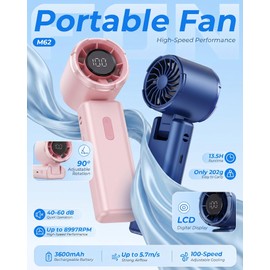 TUNISE Mini Handheld Fan, Pink Portable Turbo Fan with LCD Screen, 4000mAh Rechargeable Battery, 100-Level Speed Control, 90° Foldable Personal Cooling Fan for Travel, Office, Outdoor Use
