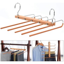 Trouser Hangers Space Saving, 5 in 1 Collapsible Trouser Hanger, Foldable Wood & Stainless Steel Hanger for Clothes Slack Scarf Jeans Storage