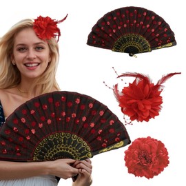 Axvxby Chinese Style 3 Piece Set Large Red Artificial Flower Peony Hair Clip + Red Feather Headpiece + Black Red Chinese Folding Fan with Flowers for Women Hair