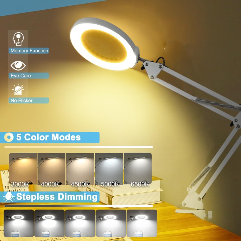 10X Magnifying Glass with Light and Clamp, Real Glass Stand