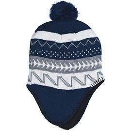 Polar Wear Boys Micro-Fleece Lined Winter Knit Hat with Ear Flaps & Pom Top Navy Gray (Navy Gray)