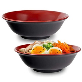 Happy Sales HS2BM-48RDBK, Set of 2 Japanese Melamine Large Bowls, 48 oz, Multi-Purpose, Rice, Noodle Soup, Udon, Pho, Ramen, 9" D, Black & Red