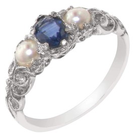 LetsBuyGold 925 Sterling Silver Natural Sapphire and Cultured Pearl Vintage Anniversary Ring - Size 8.5