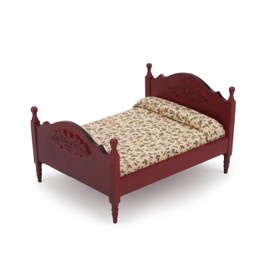 Miniature Furniture Dollhouse Wooden Fabric Bed with Mattress & Pillow 1 12 Scale Furniture Dollhouse Decoration Accessories (Red)