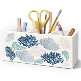 AQYIP Blue Coastal Wooden Pen Pencil Holder for Desk Accessories, Beach Lover Gifts, Beach Office Decor, Ocean Coastal Coral Wood Makeup Brush Toothbrush Holder Organizer for Vanity Bathroom