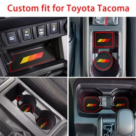 LOCOY Center Console Liner for Toyota Tacoma Accessories 2016 2017 2018 2019 2020 2021 2022 2023 Double Cab Cup Holder Insert, Door Pocket Pad, Tricolor Interior Mat (Yellow-Orange-Red, Red Trim)
