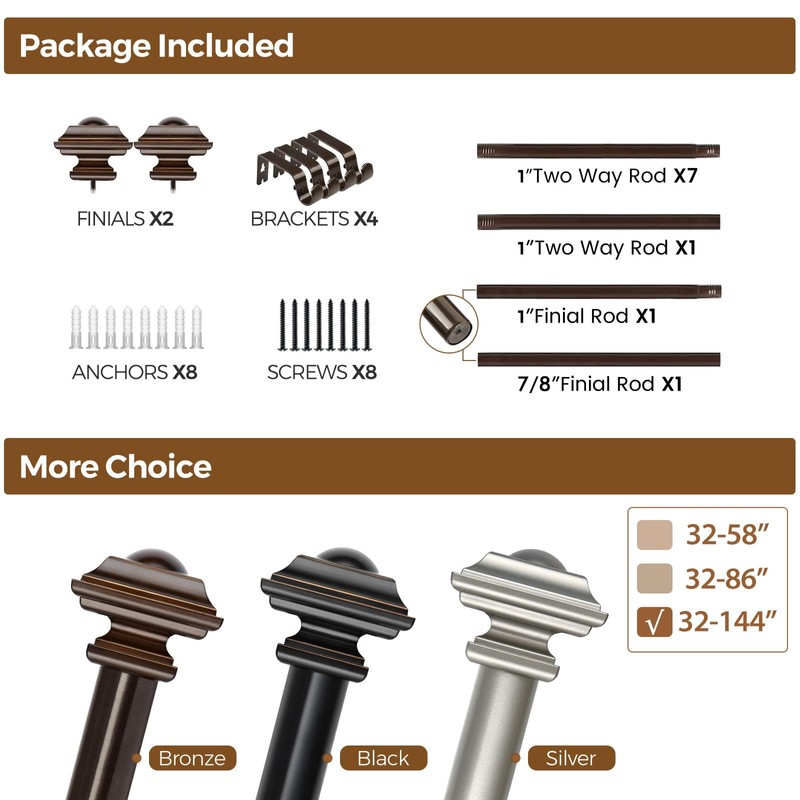KAMANINA Bronze Curtain Rods for Windows 72 to 144 Inch(6-12ft),