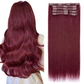 Elailite Clip in Hair Extensions Real Human Hair, Remy Hairpieces for Women, 7PCS Lace Weft Full Head, 20 Inch 120g Burgundy