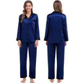 SWOMOG Couples Pajama Sets Women & Men Silky Satin Long Sleeve Sleepwear Classic Button Down Soft Loungewear Pjs Set Women Deep Navy Blue X-Large