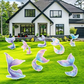 8pcs Outdoor Mermaid Decor, Mermaid Tail Yard Sign for Ocean Parties Beautiful Under the Sea Mermaid Tail Garden Lawn Decorations with Stakes for Mermaid Themed Party Birthday Supplies
