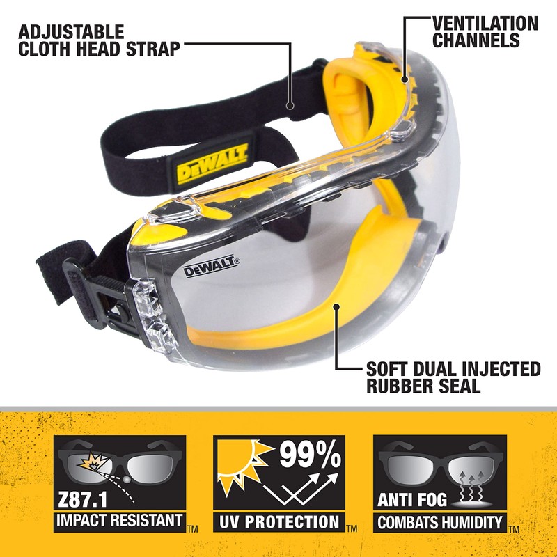 DEWALT DPG82-11 Concealer Clear Anti-Fog Dual Mold Safety Goggle, Clear