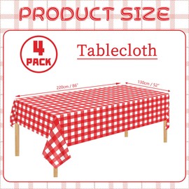 4 Pcs Red Plaid Tablecloth Plastic Red and White Checkered Tablecloths Waterproof Rectangle Red Gingham Tablecloth for Picnic Birthday Wedding Farm Holiday Christmas Parties, 52 x 86 in