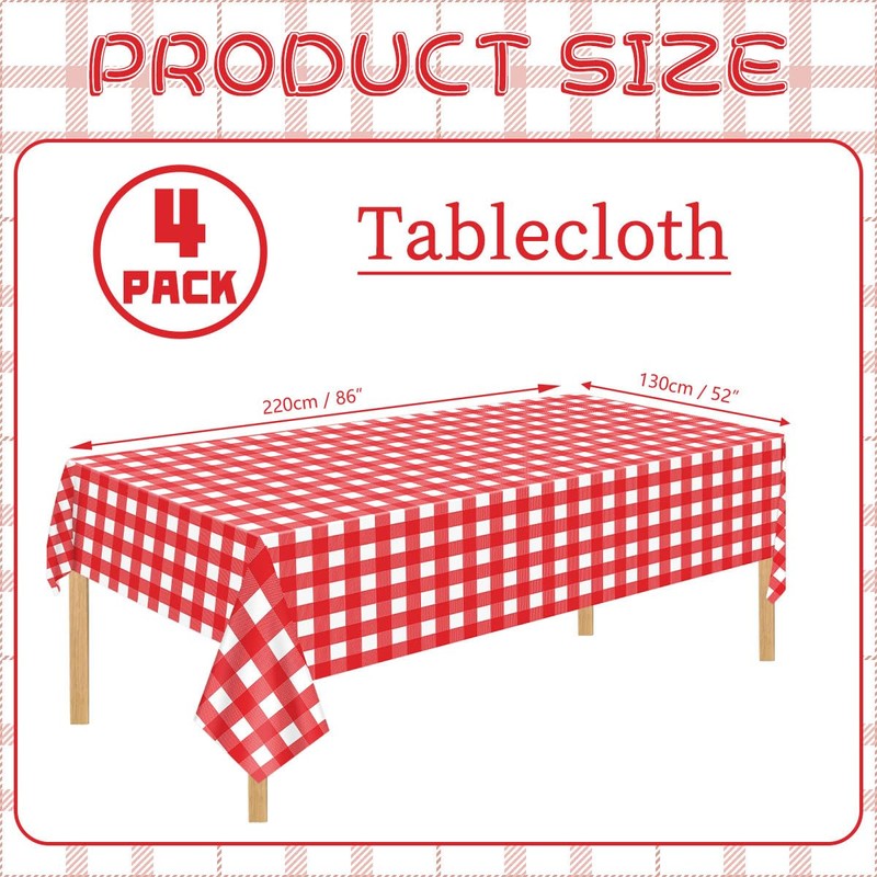 4 Pcs Red Plaid Tablecloth Plastic Red and White Checkered