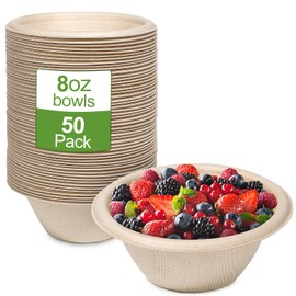 GREENESAGE 50 Pack Paper Bowls Disposable Bowls 8oz Eco-Friendly, Sugarcane Strong Brown Small Bowls Compostable Round Soup Bowls for Hot Food Dessert