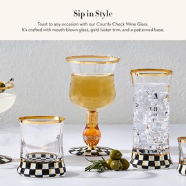 MACKENZIE-CHILDS Stemmed Wine Glass, Decorative Wine Glassware, 16 Ounces, Black-and-White Courtly Check