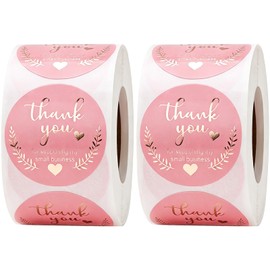 2 Rolls 1000 PCS 1.5 inch Pink and Gold Thank You Stickers for Supporting My Small Business Packaging Labels & Seals Beautiful Self-Adhesive Stickers (Rose)