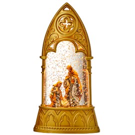 TenWaterloo Gold Holy Family Christmas Lighted Snow Globe, 6.25 Inches High, Battery Operated with Timer - Traditional, Old World Style, Gold Plastic, Acrylic, Suspension Liquid