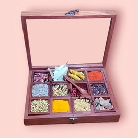 Wooden Glass Spice Box With Antique Lock Table In 12 Section Wooden Spice Rack Organizer and Masala Dabba Wooden Style Spice Storage Box By PSQURMART., Brown, 2.5×10.5×7.75 inches