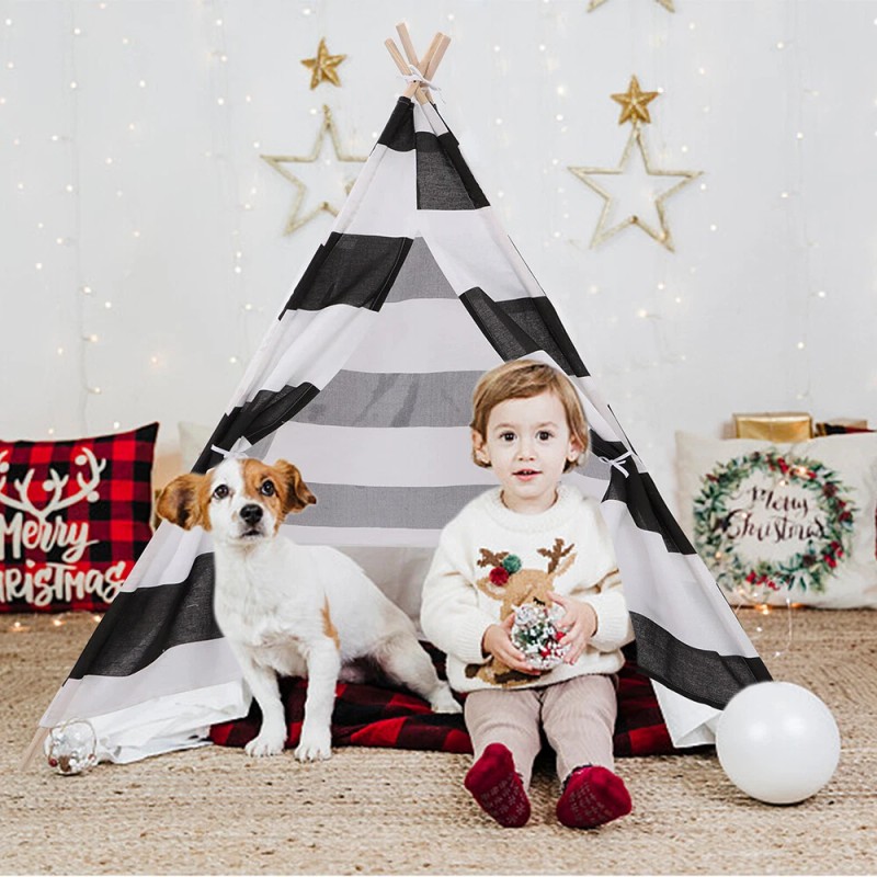 nic-473109 White Black Striped Kid Teepee Portable Canvas Tent Foldable