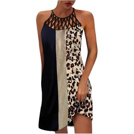 Size L Color Block Leopard Summer Dresses for Women 2025 Casual Floral Hollow Out Halter Neck A-line Beach Vacation Holiday Sundresses with Pockets