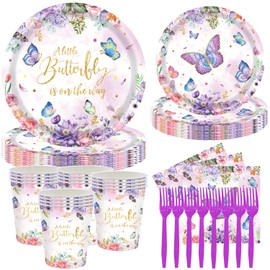 P PIPITA 120 Pieces Outer Space Butterfly Themed Party Tableware Decorations - 24pcs Plates, Napkins, Cups, Forks, 1 Tablecloth - Blue, Black, Purple - Birthday Occasion