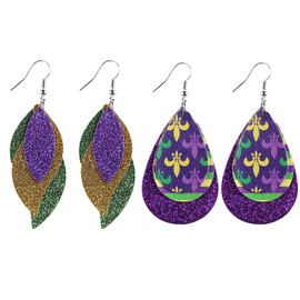 MOEEIJEW 2 Pairs Mardi Gras Earrings for Women Sparkly Glitter Leather Layer Leaf Mardi Gras Dangle Earrings Holiday Jewelry (Maple A)