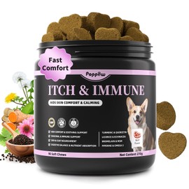 POPPAW Itch & Immune Support for Dogs, Herbal Supplements for Allergy Soothing Soft Chewable Tablets, Natural Curcumin & Omega-3 for Itching Skin, Palatable Beef Flavor - 90 Count