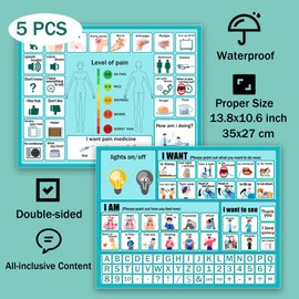 5Pcs Nonverbal Communication Board Waterproof Aphasia Patient Communication Tools Durable Non Verbal Communication Device Cards for Nonverbal Adults, Kids