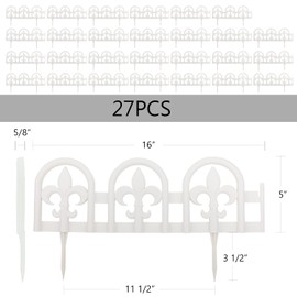Evelyne White Garden Border Edging: Wrought Iron Design - 27pcs White Yard Landscaping Fence Liner Lawn Edge Barrier - 35ft Kit of Decorative Lawn Landscape Panels Elements