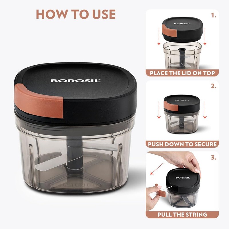 Borosil Chopper with 3 Blades, Pull Chopper with Durable String,