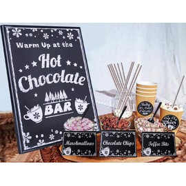FaCraft Hot Chocolate Bar Kit Luxury Supplies -Sign Labels Tags,Table Cards,Spoons and Straws for Christmas Holiday New Year Party Supplies