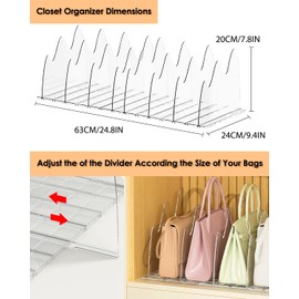 Bennoripen Purse Organizer for Closet & Tank Top Hangers, Purse Storage Organizer Handbag Storage Divider Clear Adjustable Acrylic Separators Storage Organizer