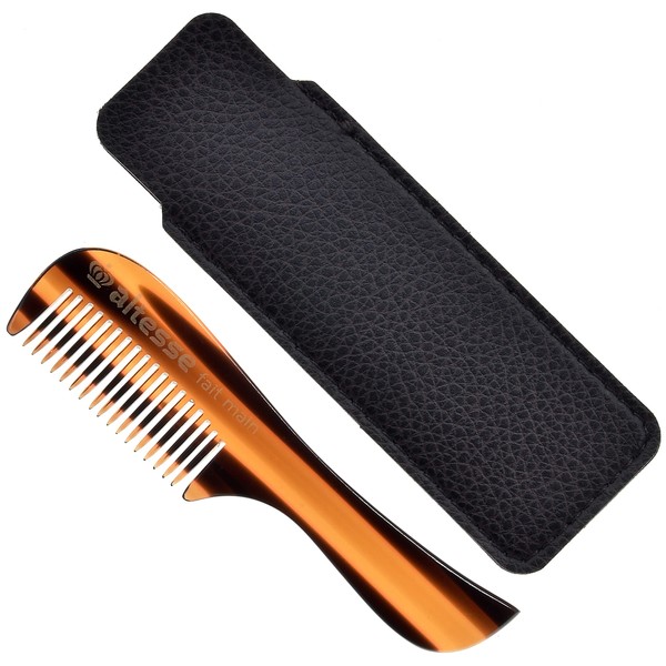 Altesse 11130 Small Fine Tooth Comb Tortoiseshell Mustache Comb for Men (4") with Pocket Comb Synthetic Leather Case. Essential Facial Hair Travel Comb For Any Beard Kit for Men. Handmade in France