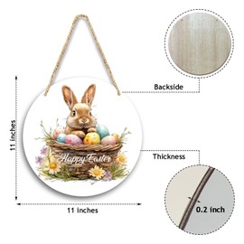 Happy Easter Door Sign Decor, Spring Bunny and Eggs Wooden Welcome Hanging Sign, Easter Gift For Friends Family, Farmhouse Seasonal Decor for Home Front Door Porch Yard Garden -17