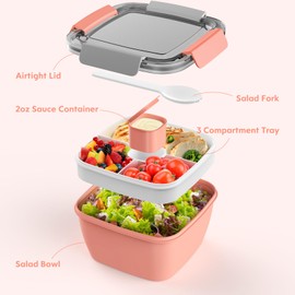 Cherrysea Salad Lunch Container, 2Pack Salad Bowls with 3 Compartments Tray, Leak Proof Lunch Box with Fork for Men,Women BPA-Free Snack Container with Sauce Container for Dressings-Pink