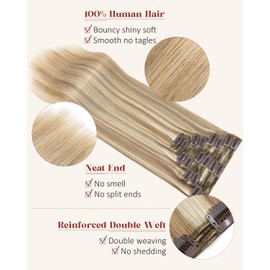 Benehair 18inch 140g Double Weft Thick Clip in Hair Extensions Human Hair Balayage Highlighted Golden Brown Mixed Bleach Blonde Remy Hair for Women 8pcs 18 Clip ins Long Straight