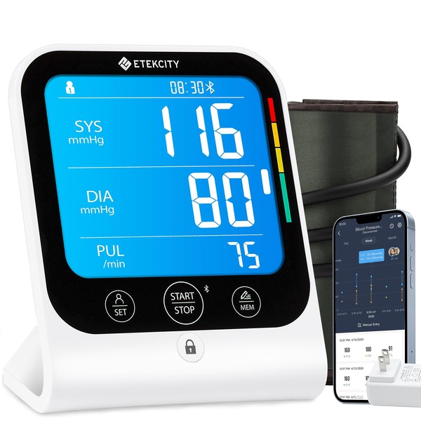 Etekcity Blood Pressure Monitors for Home Use Cuff, Bluetooth Machine, FSA HSA Approved Products, Adjustable Cuff Large Upper Arm Friendly, Smart Unlimited Memories in App, Dual Power Sources