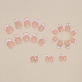 24Pcs Short Fake Nails Square Press on Nails White French Tip Glue on Nails Acrylic False Nails with Rhinestone Design Full Cover Stick on Nails for Women and Girls DIY Manicure Art Supplies