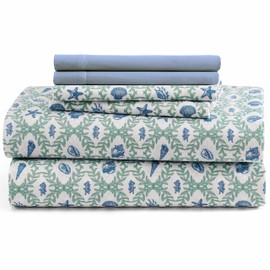 CARIBBEAN JOE 6-Piece Sheet Set with Cooling Pillowcases, 10-inch Deep Pockets, Tropical Beach Coastal Design, Full, Seaweed Trellis
