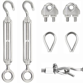 Turnbuckle Set M5 Turnbuckle Adjustable Bow Clamp Wire Tensioner Turnbuckle Wire Rope Clamp M5 Stainless Steel Cable Clamp Rope Tensioner Turnbuckle with Wire Rope Thimble, 6 Pieces